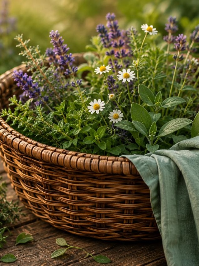 Korb mit frischen Kräutern und Blüten